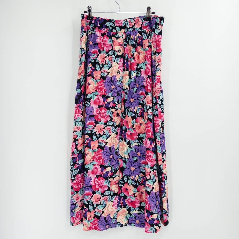 Vintage Colorful Maxi Skirt Womens Large Floral Button Front 90s Cottagecore